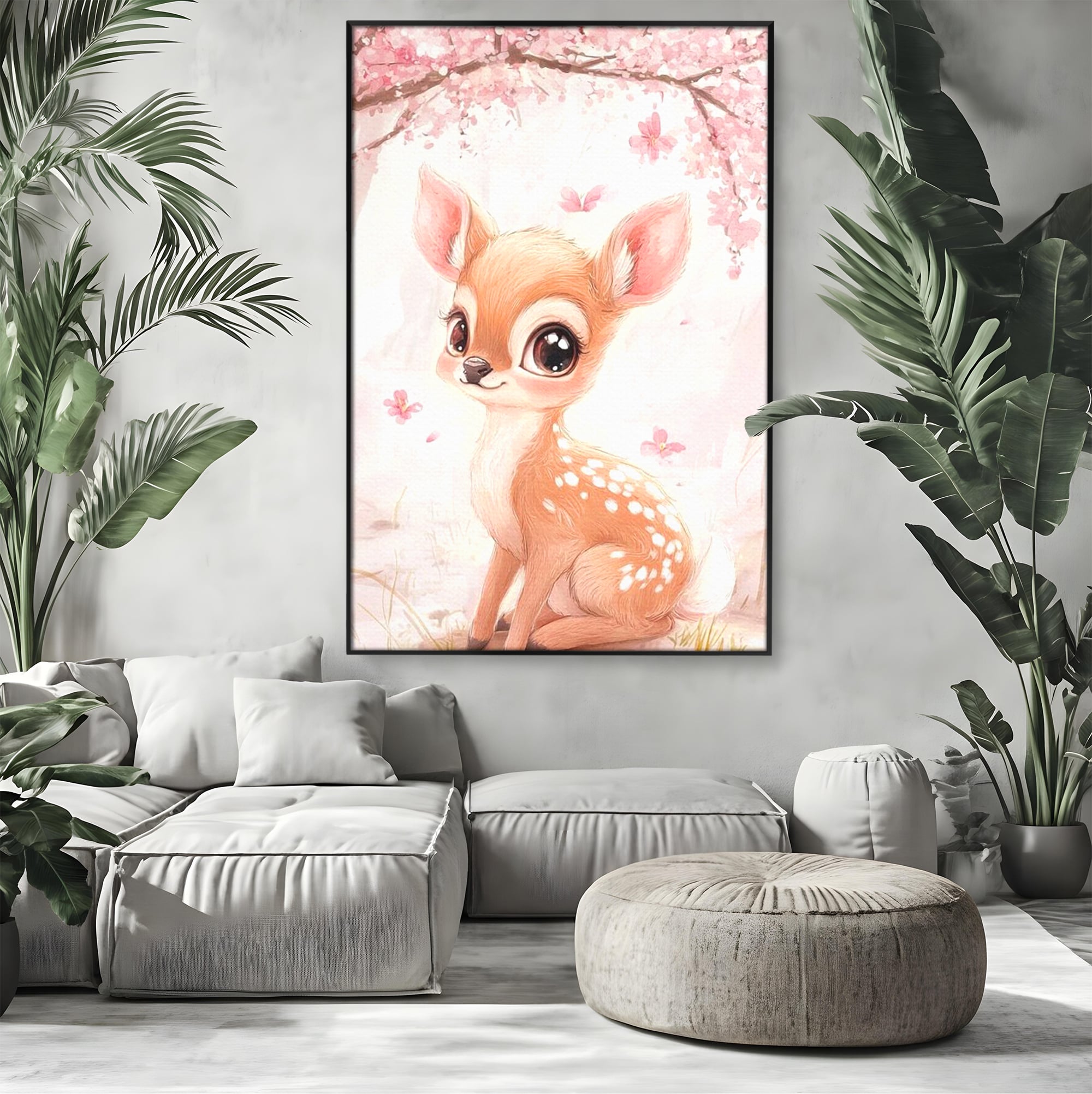 Tablou canvas cu ilustratie cu un pui de caprioara, in rama de aluminiu negru, pe perete intr-un living